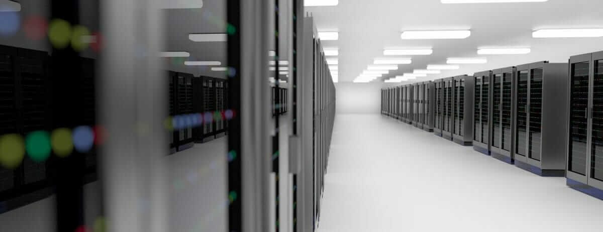 An aisle of server racks in a data centre