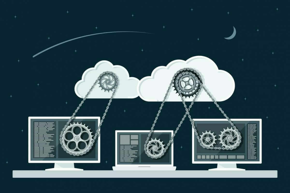 Illustration of laptops and monitors connected by gears to cloud services, representing cloud versus on-premises infrastructure