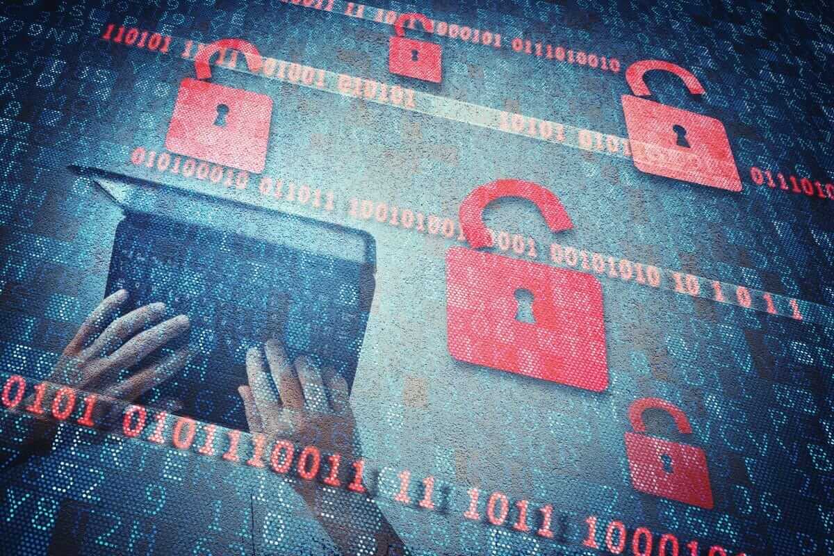 Red padlock icons over streams of binary code above hands typing on a keyboard