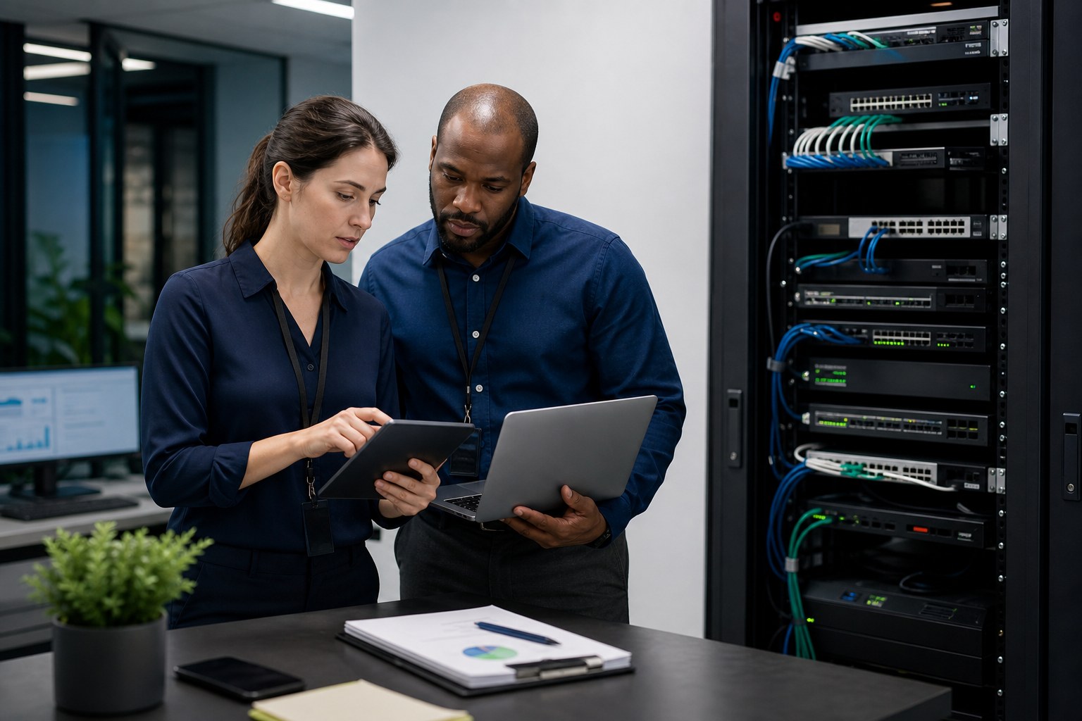 WorldTech specialists coordinating a secure IT provider handoff beside network equipment