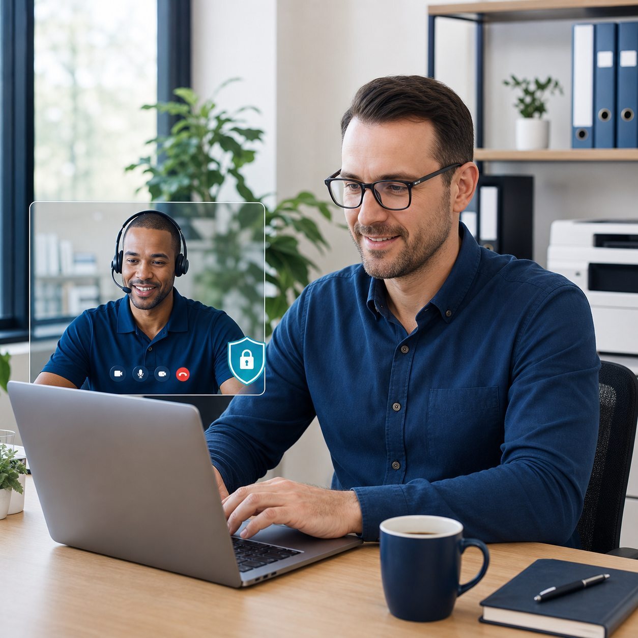 A technician working at a laptop in an office with a colleague in the background