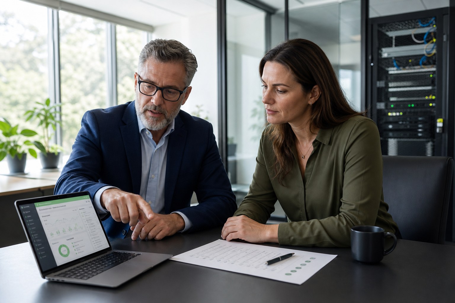 WorldTech consultant reviewing an IT provider transition assessment with a business leader